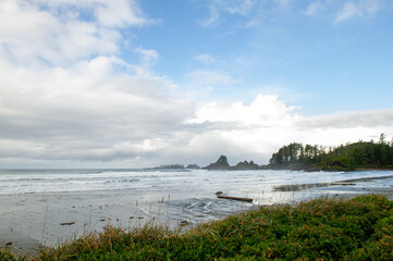 Sunny Fall day in Cox Bay beach in Tofino Vancouver Island, British Columbia, Canada.