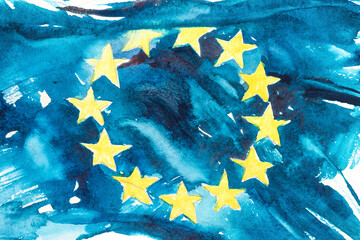 Europe, European Union flag. Hand drawn watercolor illustration. - obrazy, fototapety, plakaty