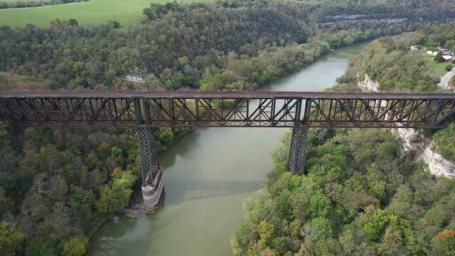 drone view of old train bridge in Kentucky 