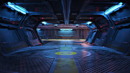 Urban city retro futuristic back drop sci fi corridor room interior with neon accents. 3d rendering.  © Digital Storm