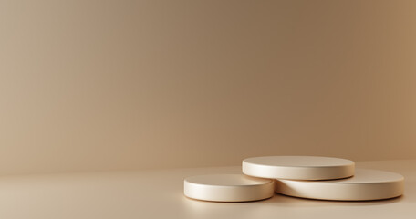 Round stepped podium or pedestal on beige background. Template empty stone stage or platform for product ad presentation cosmetics. Minimal studio room in pastel colors, perspective view, 3d render