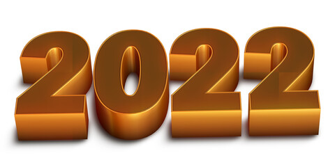 3D Rendition of the Year 2022 With Gold Finish on a White Background.