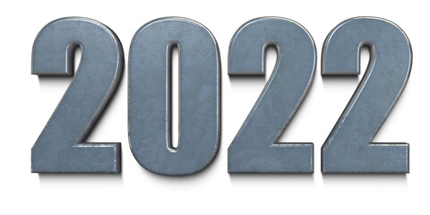 3D Rendition of the Year 2022 With Silver Finish on a White Background.