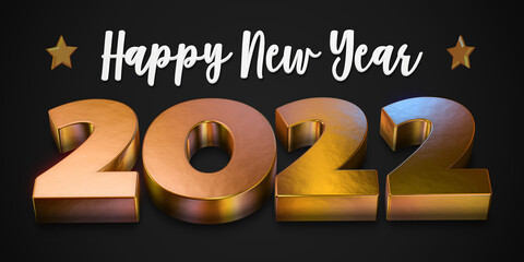 3D Rendition of Happy New Year 2022 with Gold and White Text on Dark Background.