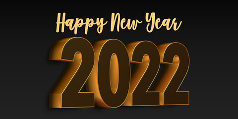 3D Rendition of Happy New Year 2022 with Gold Text on Dark Background.