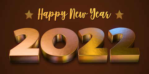3D Rendition of Happy New Year 2022 with GoldeText on Brown Background.