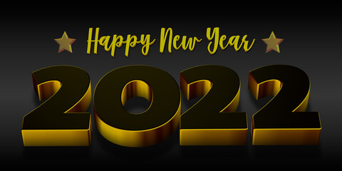 3D Rendition of Happy New Year 2022 with Gold Text on Dark Background.