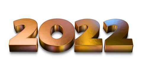 3D  Rendition of the Year 2022 With Gold Finish on a White Background.