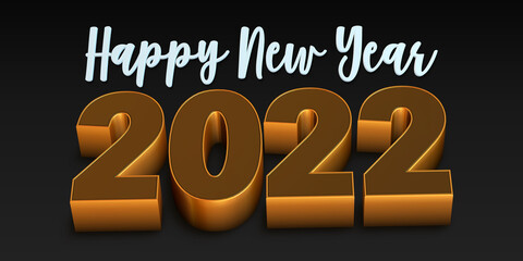 3D Rendition of Happy New Year 2022 with Gold and White Text on Dark Background.