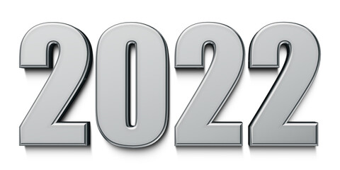 3D Rendition of the Year 2022 With Silver Finish on a White Background.