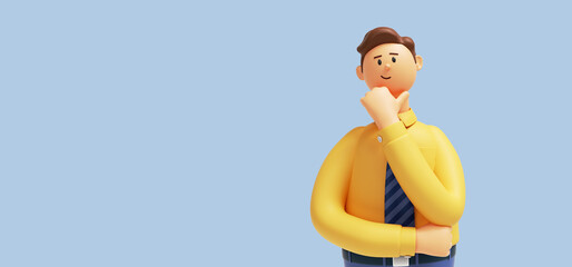 3d render. Cartoon character cute young man isolated on blue background. Serious guy thinking pose. Caucasian male wears yellow shirt and blue tie. Problem and doubt concept