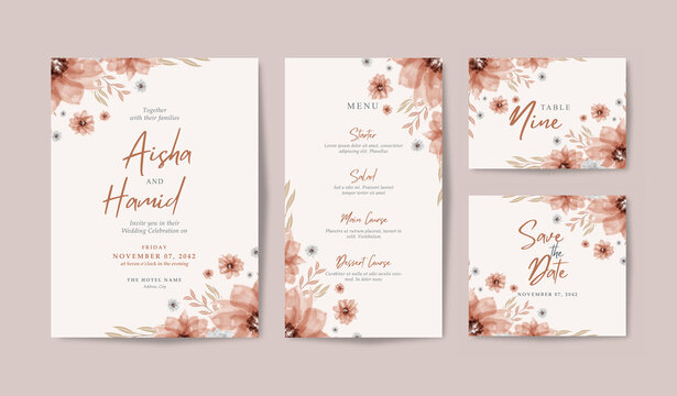 Set of wedding invitation with beautiful bouquet floral watercolor