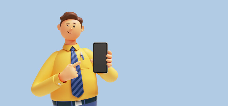 3d render. Cartoon character young caucasian man isolated on blue background. Funny guy wears yellow shirt, blue tie, holds blank smart phone, shows direction with index finger. Recommendation concept