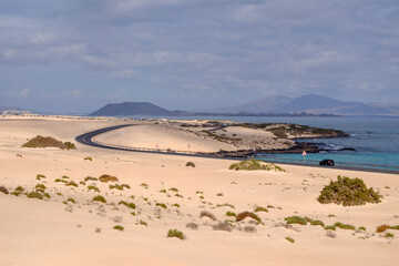 View on the sand dunes of Corralejo on the Canary Island Fuerteventura.
