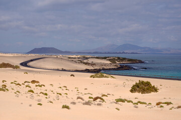 View on the sand dunes of Corralejo on the Canary Island Fuerteventura.