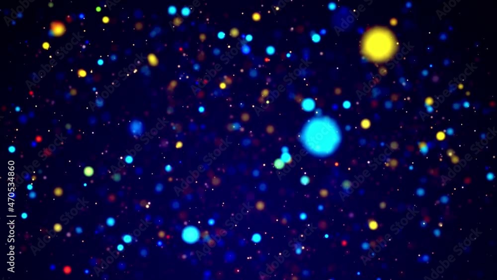 Poster magic particles float in liquid, bokeh effects, dof. glowing multi-colored particles circle underwat