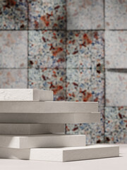 3D background, white podium display set and terrazzo stone tiles. Cosmetic, beauty product promotion mockup. Nature pedestal. minimal studio banner template , 3D render illustration