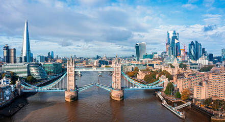 Fototapeta na wymiar Aerial panorama of the London Tower Bridge and the River Thames, England, United Kingdom. Beautiful Tower bridge in London.