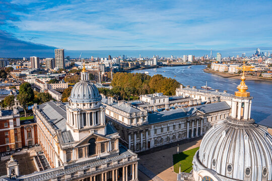Panoramic aerial view of Greenwich Old Naval Academy by the River Thames and Old Royal Naval College building