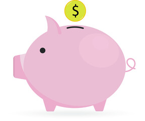Piggy bank with a coin. Accumulation and saving money icon. Vector flat illustration on white background.