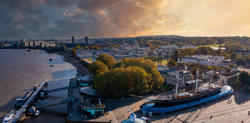 Panoramic aerial view of Greenwich Old Naval Academy by the River Thames and Old Royal Naval College building