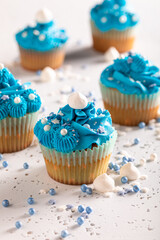 Beautiful cupcakes with white sprinkles and blue cream.