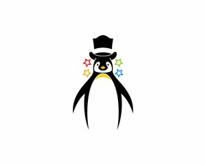 Penguin using a magician hat with stars surrounding