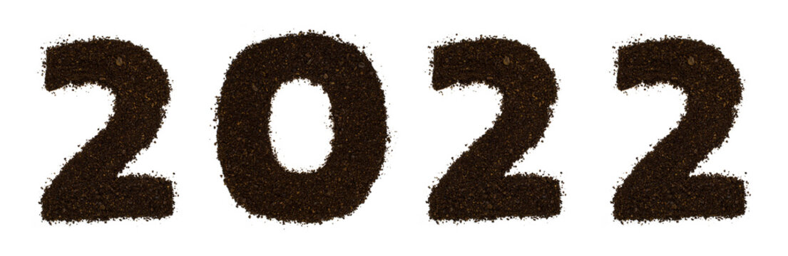 2022 Numeral text made of ground coffee isolated on white. Flat lay, top view