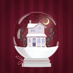 Świąteczna szklana kula z małym domkiem i zielonymi gałązkami na tle w czerwone paski. Zimowa sceneria - domek pokryty śniegiem, spadające płatki śniegu, nocne niebo i księżyc. - obrazy, fototapety, plakaty