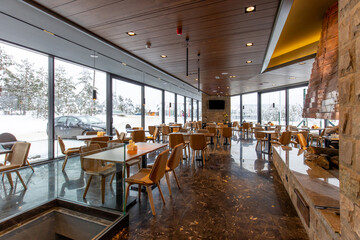 Interior of a modern mountain restaurant