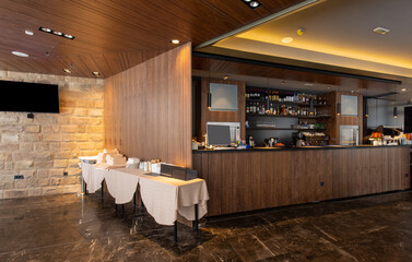 Wooden counter in hotel cafe bar