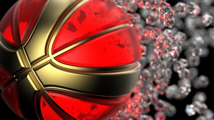 Clear Red-Gold Basketball with Diamond Particles under black lighting background. 3D illustration. 3D high quality rendering.