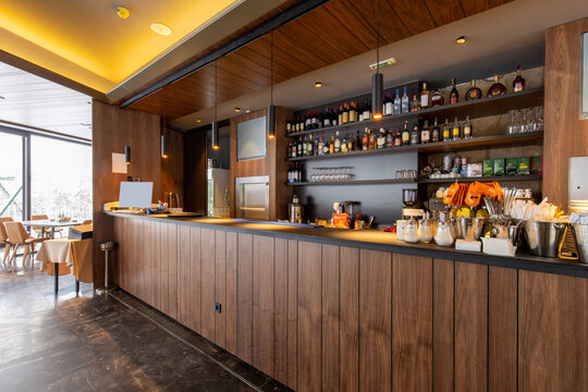 Wooden counter in hotel cafe bar