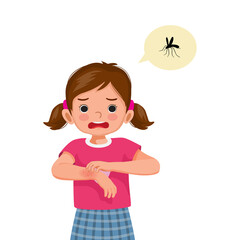 Little girl scratching her itchy hand skin rash swelling redness spot allergy from mosquitoes insects bites.