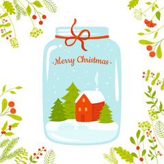 Glass jar with house and tree inside Christmas card. New year and xmas globe with winter snow. Holiday celebrate magic glossy bank, cartoon magic design. Festive poster for website, greeting card