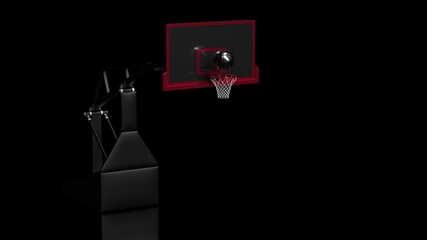 Metallic Black-Silver Basketball and Black-Red Basketball Goal Plate under spot lighting background. 3D CG. 3D sketch design and illustration. 3D high quality rendering.