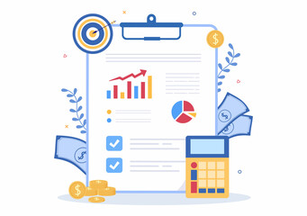 Fototapeta premium Budget Financial Analyst to Managing or Planning Spending Money at Checklist on Clipboard, Calculator and Calendar Background Vector Illustration