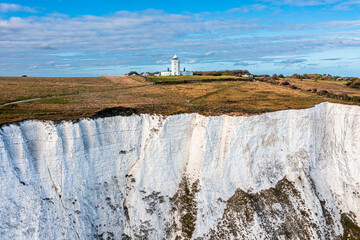 Aerial view of the White Cliffs of Dover. Close up view of the cliffs from the sea side. England,...
