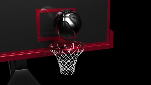 Metallic Black-Silver Basketball and Black-Red Basketball Goal Plate under spot lighting background. 3D CG. 3D sketch design and illustration. 3D high quality rendering.