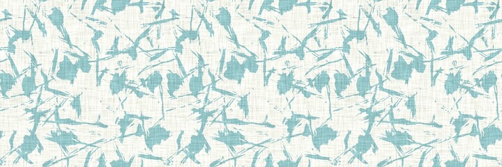 Aegean teal streaked border strip linen texture background. Coastal summer style home decor fabric effect. Sea green wash grunge edge material. Decorative textile mottle seamless pattern banner. 