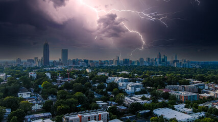 a stunning aerial shot of the cityscape with skyscrapers and office buildings surrounded by...
