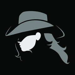 Cowgirl portrait in profile symbol on black backdrop. Design element