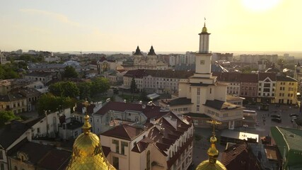 Aerial view of historic center of Ivano-Frankivsk city with old european architecture