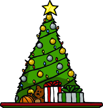 Christmas Tree  With Gifts And Gold Start