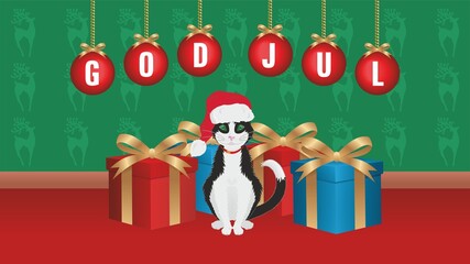 Cute cate sitting with Christmas gifts. Text in Swedish (Sweden) God Jul, means Merry Christmas. Vector illustration. Dimension 16:9. EPS10.