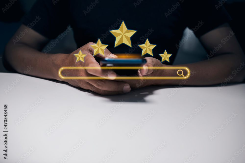 Poster hands of using smartphone with network interface icons, business digital technology concept.