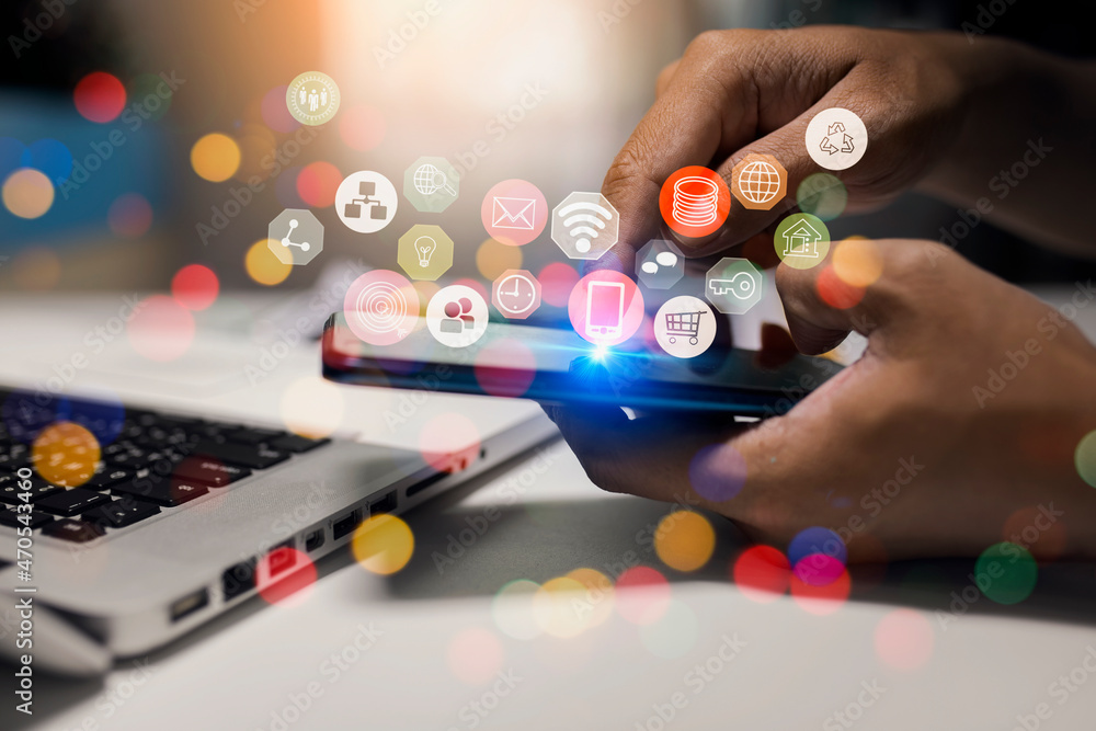 Poster hands of using smartphone with network interface icons, business digital technology concept.