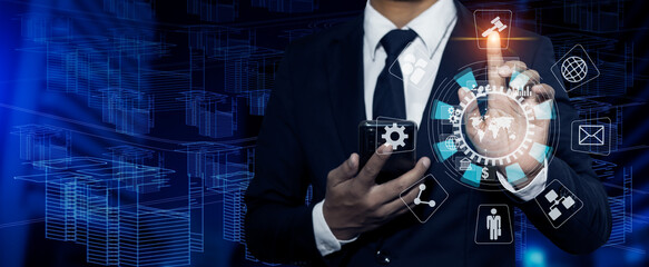 Concepts of Law and Legal services. Lawyer man with interface icons.	