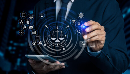 Concepts of Law and Legal services. Lawyer man with interface icons.	