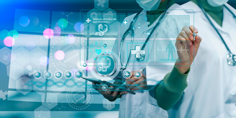 Medicine doctor touching on digital tablet and hologram modern virtual screen interface icons,...
